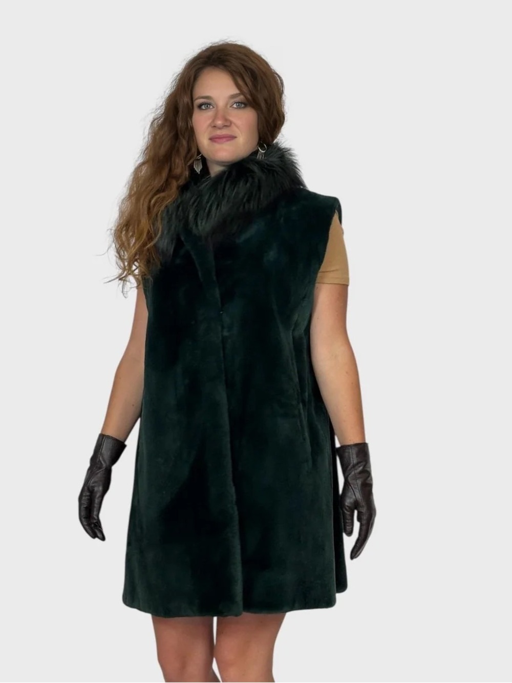 Dark Green Sheared Upcycled Sheared Beaver Fur Vest- Matching Fox Stand Up Coll